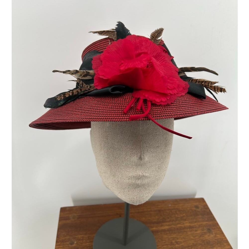 PRESTON OF YORK NWT $48 Red Braided Derby Hat Red Flower Black Band Feathers
